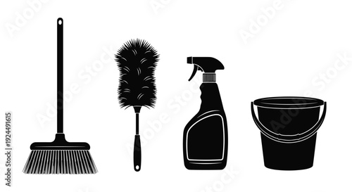 Set of cleaning supplies including a broom, duster, spray bottle, and bucket