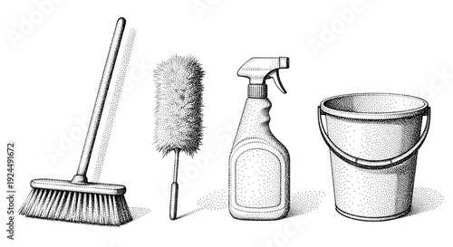 Collection of cleaning supplies including a broom, duster, spray bottle, and bucket