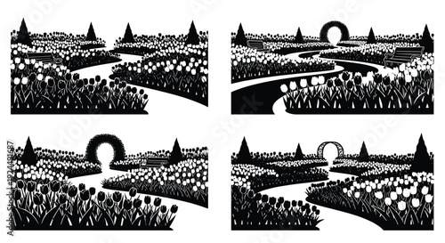 Stylized black and white illustration of a winding garden path through abundant tulip beds
