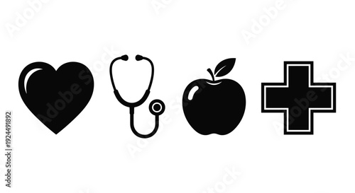Heart, stethoscope, apple, and medical cross icons representing health and wellness