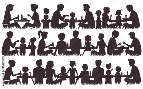 Silhouettes of people engaging in various social and professional table activities