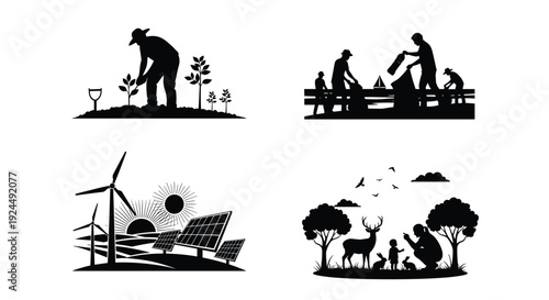 Collage of environmental conservation and sustainability concepts in silhouette style