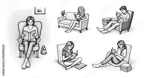 Diverse people enjoying reading books in various comfortable indoor settings