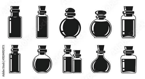 Collection of black and white silhouette illustrations of various old glass bottles, vials, and jars with cork stoppers.