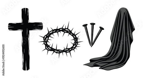 Christian symbols of the crucifixion: cross, crown of thorns, nails, and shroud