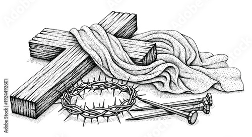 The Passion of Christ: Wooden Cross, Crown of Thorns, Nails, and Shroud