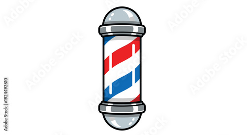 A traditional barber pole with red, white, and blue stripes spirals upwards, indicating a classic barbershop service.