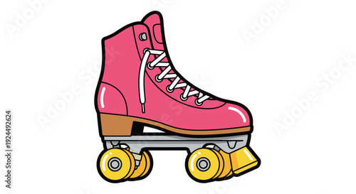 A classic pink roller skate with white laces and yellow wheels stands ready for a fun ride on a clean white background.