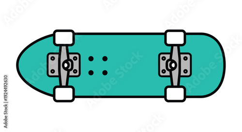 The underside of a teal skateboard with white wheels, silver trucks, and visible bolt holes is depicted.