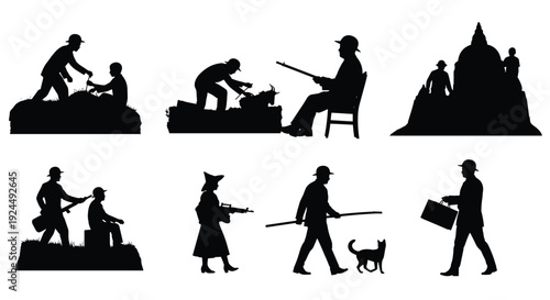 Collection of diverse silhouette scenes depicting various human activities and interactions