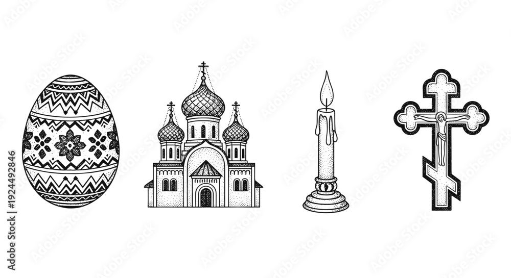 Obraz premium Collection of traditional Orthodox Christian symbols including an Easter egg, church, candle, and cross
