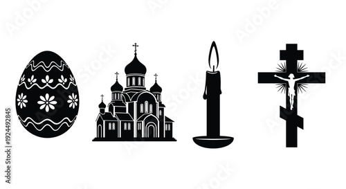 Orthodox Christian symbols including an Easter egg, church, candle, and crucifix