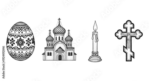 Collection of traditional Orthodox Christian symbols including an Easter egg, church, candle, and cross