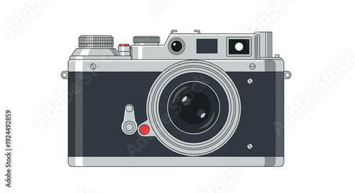A pixel art illustration displays a retro vintage film camera with a prominent lens, detailed buttons, and silver accents on white.
