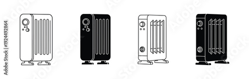 Set of four different radiator illustrations in various styles.