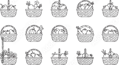 Assorted baskets filled with various fruits and vegetables in a line Vector
