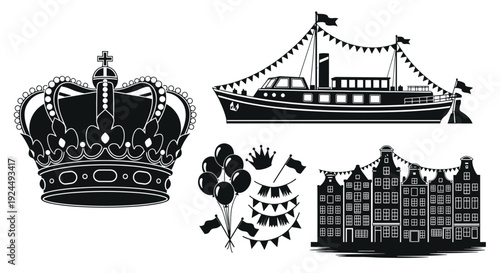 Collection of Dutch cultural symbols including a crown, canal houses, and a boat with flags