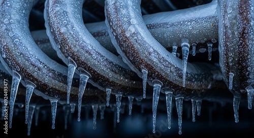 Close-up of frost-covered metal coils with icicles in winter concept of cold weather, ice formation, and seasonal change