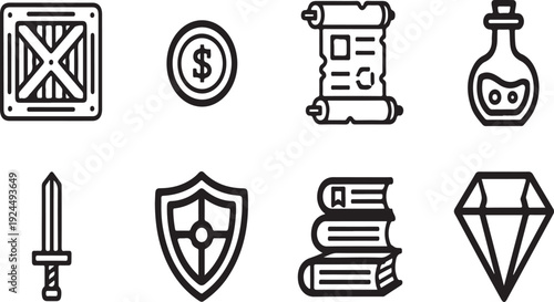 Collection of icons representing various aspects of fantasy role playing games Vector