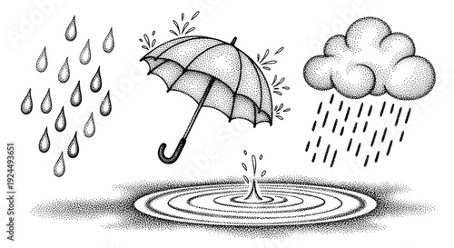Stippled illustration of rain, an umbrella, and a cloud with water splashing into ripples