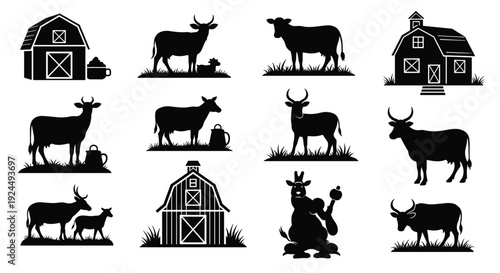 Collection of black silhouettes of cows, barns, and farm animals on a white background