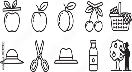 A variety of objects including fruits, scissors, a hat, a bottle, and a dog. Vector