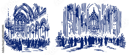 Detailed architectural sketch of a gothic cathedral interior with people attending a religious service