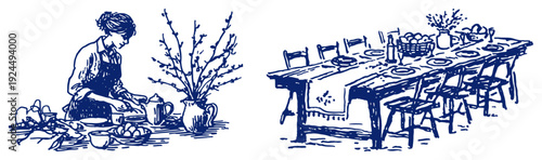Classic blue ink sketches featuring a woman preparing food and a long set dinner table for a feast