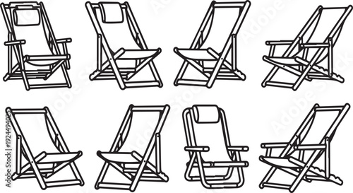A variety of different deck chairs and lounge chairs in a line-up. Vector