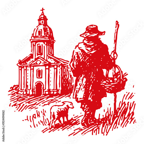 Traditional red ink sketch of a shepherd with a lamb and a basket standing before a historical church