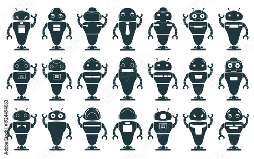 A collection of stylized robots wearing different types of vintage hats and headgear