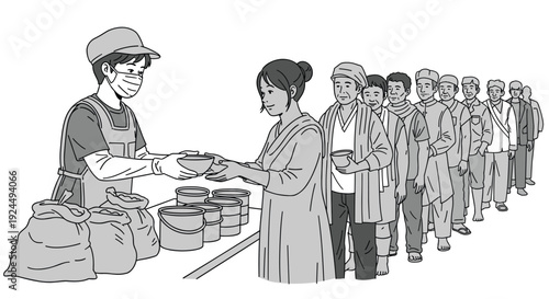 Volunteers serve food to people in a line at a soup kitchen or charity event