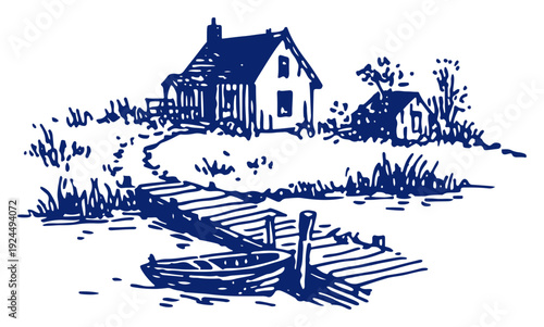 Rustic blue ink sketch of a lakeside house with a wooden dock and a small boat