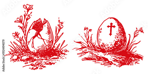 Vintage red ink illustration of religious Easter eggs with a chick and a christian cross