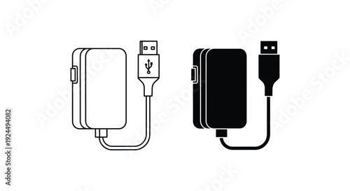 Black and white illustration of portable power banks with USB cables.