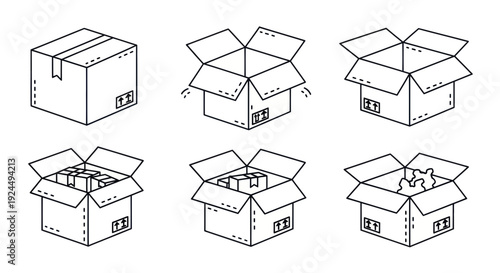 Set of Line Art Cardboard Boxes: Closed, Open, and Packed