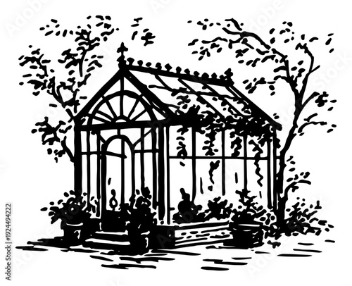 Ornate black ink sketch of a Victorian garden greenhouse surrounded by lush plants