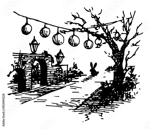 Whimsical black ink illustration of a garden path with hanging paper lanterns and a rabbit silhouette