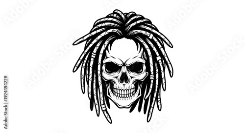 Skull with Dreadlocks Illustration - Tattoo Design, Biker Style, Rock Music