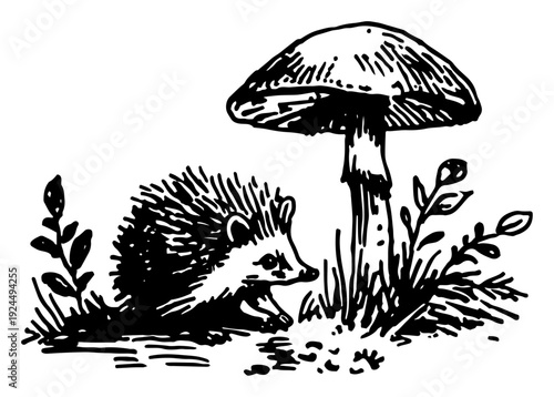 Simple black ink drawing of a cute hedgehog sitting next to a large forest mushroom