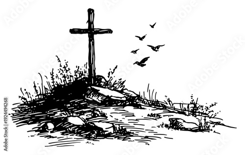 Christian cross on a hill with birds flying in vintage ink sketch style