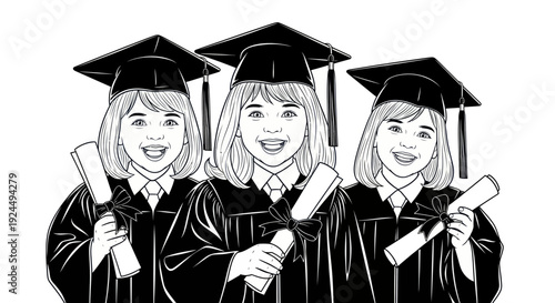 Three Smiling Children Graduates in Caps and Gowns Holding Diplomas