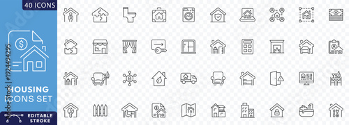 Housing line icon set. Contain icons related to housing, house, real estate, home, Etc . Fully Editable. Vector illustration.