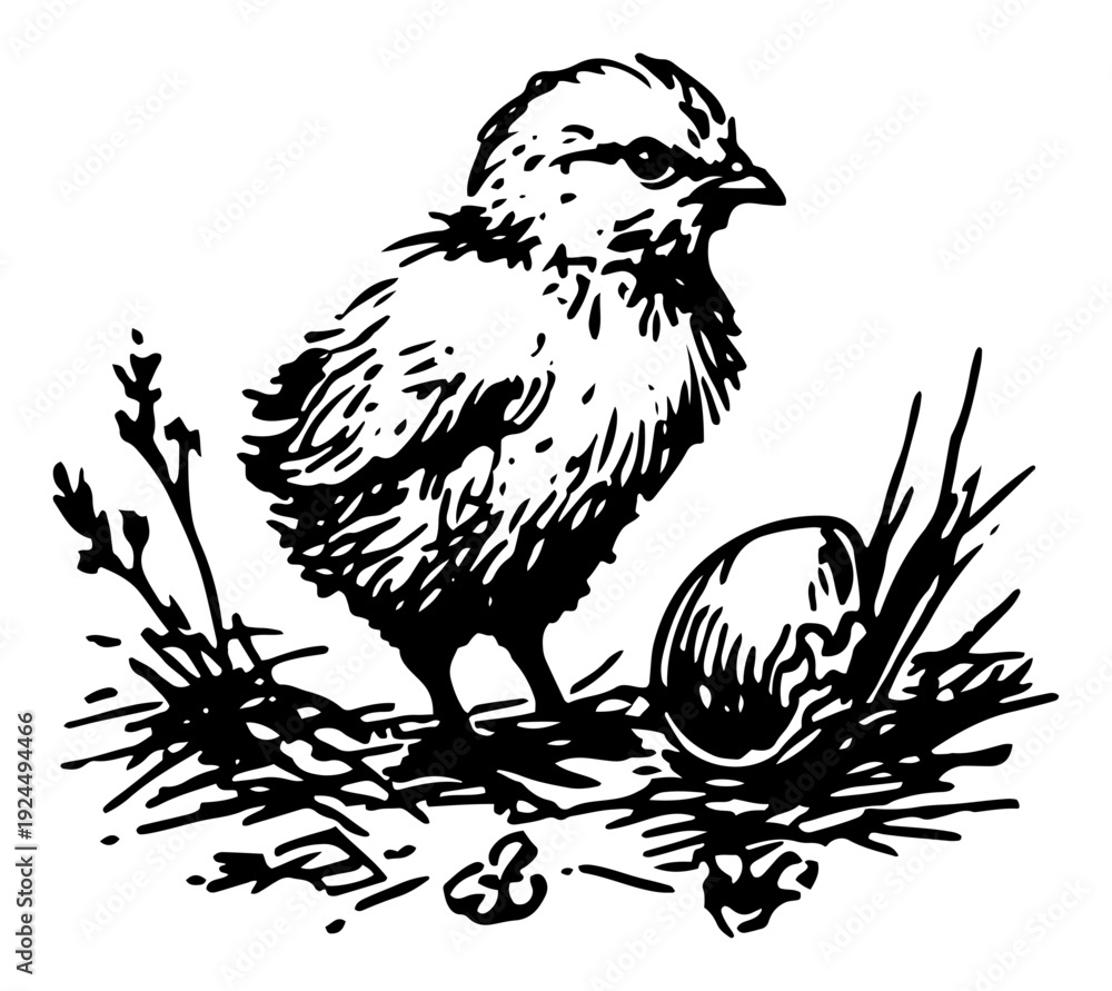 Obraz premium Detailed sketch of a small baby chick standing next to a hatched egg shell