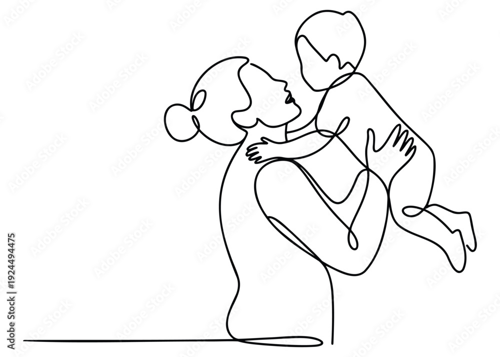 Obraz premium Mother And Child Line Art, Family Love Illustration, Minimal Parenting Concept, Continuous Line Drawing, Mom Hugging Baby Sketch, Family Care Symbol, Emotional Relationship Artwork, Simple Outline.