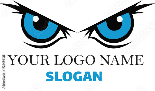 Intense bright blue angry stylized owl eyes vector graphic design template for security or vigilance brand