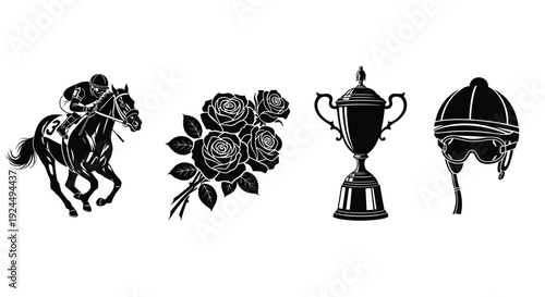 Horse racing jockey, roses, trophy, and helmet icons representing victory and sport