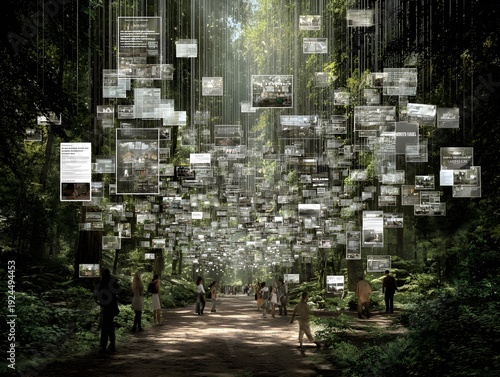 Ethereal Canopy of Knowledge: Suspended screens displaying data in the forest, invites to delve into the realm of information and education in a lush, natural environment.