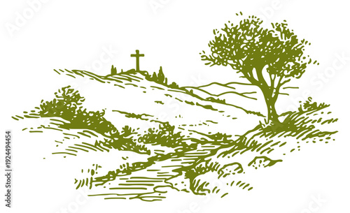 Scenic landscape sketch of a hill with a religious cross under a tree