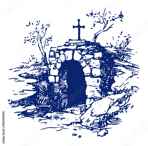 Architectural sketch of a stone grotto entrance featuring a holy cross on top